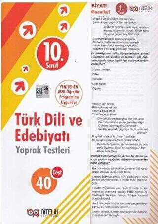 Nitelik Yayınları - Bayilik 10. Sınıf Türk Dili ve Edebiyatı 40 Yaprak Test
