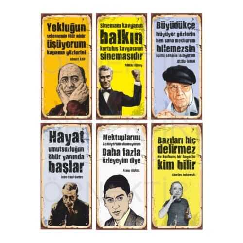 Ahmet Arif Yılmaz Güney Attila Ilhan Sartre Kafka Bukowski 6Lı Mini Retro Ahşap Poster Seti