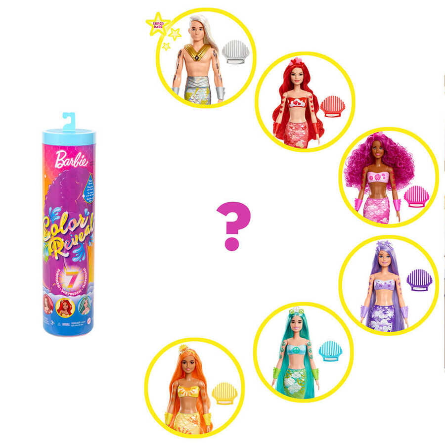 Barbie Color Reveal™ Renk Değiştiren Sürpriz Barbie Gökkuşağı Deniz Kızı Bebekler HDN68