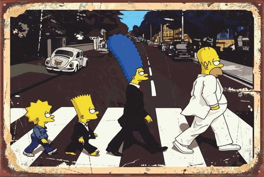 Beatles Yürüyüşü Yapam Simpsonlar Retro Vintage Ahşap Poster