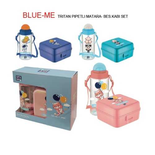 Blue-Me Tritan Pipetli Matara Desenli Bes Kabı Set