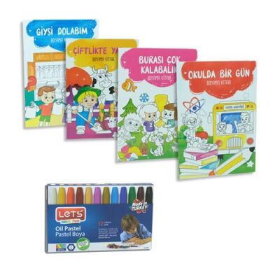Boyama Kitabı 4 Adet + Lets Pastel Boya 12 Renk Set - 1