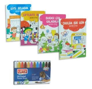 Boyama Kitabı 4 Adet + Lets Pastel Boya 12 Renk Set - 1