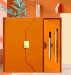 Deri Ajanda ve Özel Tükenmez Kalem Premium Hediye Seti - Turuncu - Halk Kitabevi