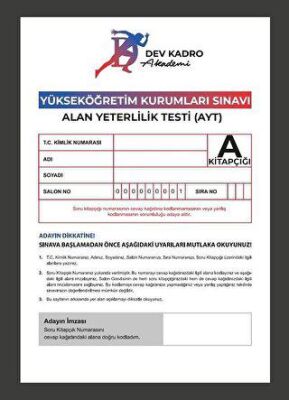Dev Kadro Akademi Dev Kadro YKS AYT Tüm Dersler Türkiye Geneli Deneme - 1