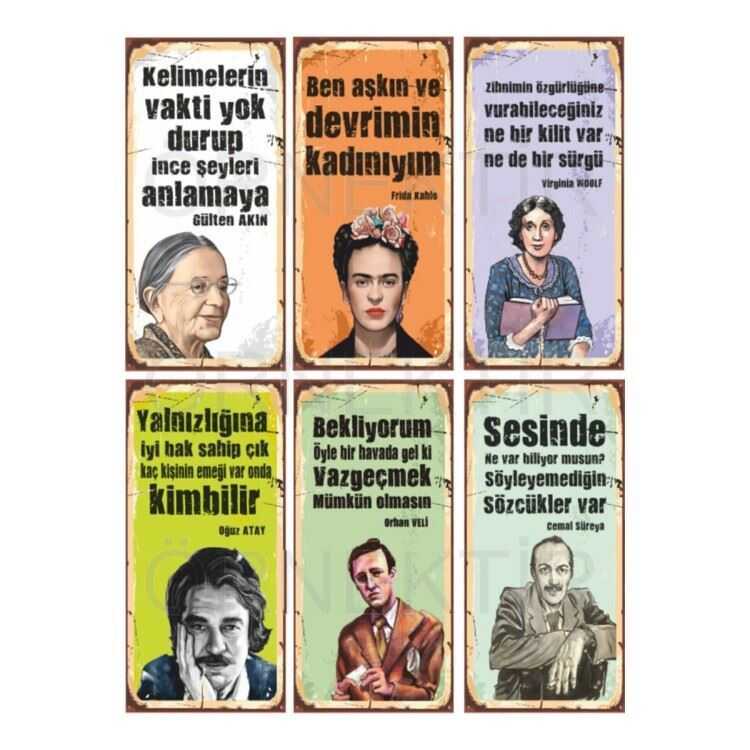 Gülten Akın Kahlo V. Woolf Oğuz Atay Orhan Veli Cemal Süreya 6Lı Mini Ahşap Poster Seti