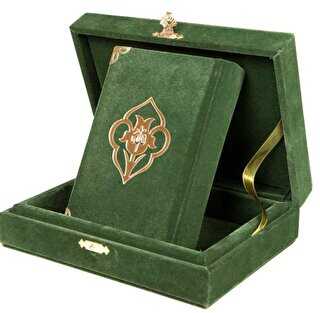 Kadife Kutulu Kur`an-ı Kerim Büyük Cep Boy, Güllü, Yeşil - 1