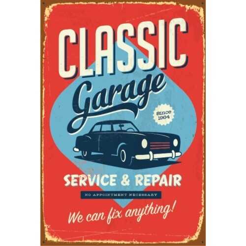 Klasik Araba Garajı Retro Vintage Ahşap Poster
