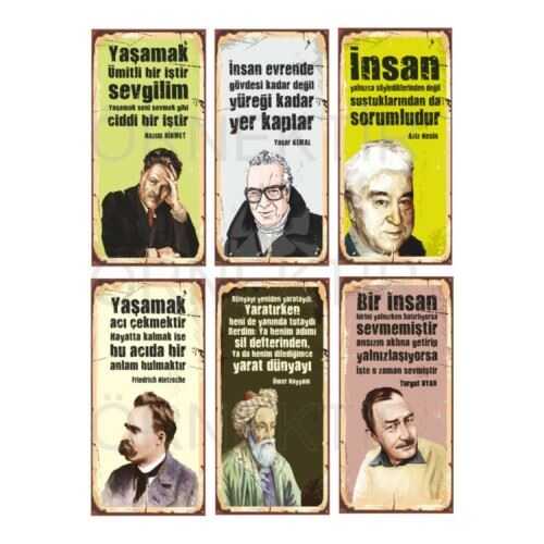 Nazım Hikmet Yaşar Kemal Aziz Nesin Nietzsche Hayyam Turgut Uyar 6Lı Mini Ahşap Poster Seti