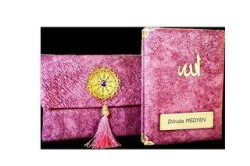 Nubuk Kumaş Kaplı ve Çantalı Yasin Kitabı Seti - Lila - Medrese Kitabevi