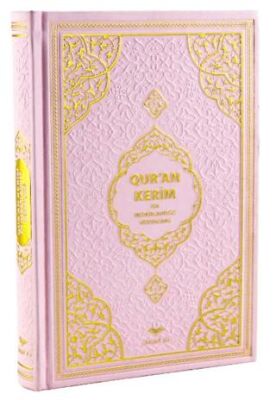 Orta Boy Medine Hatlı Flemenkçe Tepe Varaklı Termo Deri Kuran-ı Kerim Meali Pembe 13678 - 1