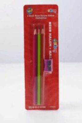Pigui Neon Renk Kurşun Kalem 3 Kalem + 1 Kalemtraş Set - 1