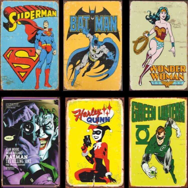 Retro Ahşap Poster Seti Batman Superman Süper Kahramanlar 6lı
