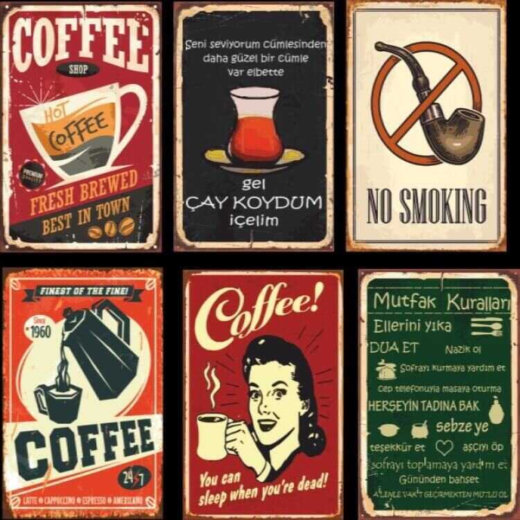 Retro Ahşap Poster Seti Kahve Çay Mutfak Temalı 6Lı