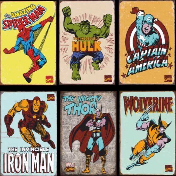 Retro Ahşap Poster Seti Marvel Süper Kahramanlar 6lı