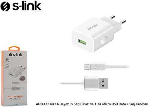S-link AND-EC14B 1A Beyaz Ev Sarj Cihazi ve 1.3A Micro USB Data + Sarj Kablosu