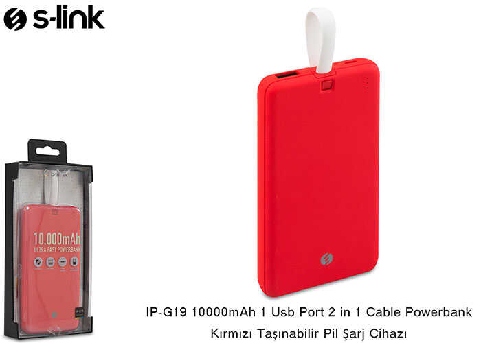 S-link IP-G19 10000mAh 1 Usb Port 2 in 1 Kablo Powerbank Kırmızı Taşınabilir Pil Şarj Cihazı