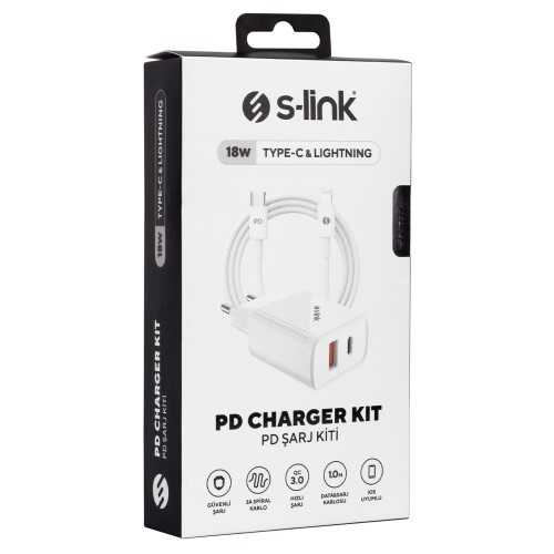 S-link Swapp SW-C1130X Lightning PD Kablo 18W PD3.0-Quick Charge QC3.0 Type USB-C +USB A Beyaz Hızlı